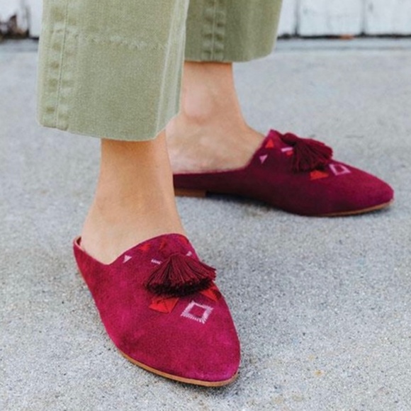 Soludos Palazzo Wine Red Suede Leather Tassel Mule Loafer Pointed Toe Flat Shoes - Picture 4 of 10